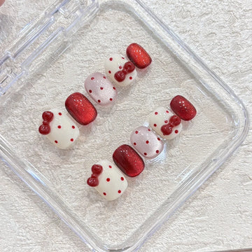 Qfdian 10pcs Handmade Short Cat Eye Dot Red Bow Removable Christmas Press on Nails Acrylic Cute Fake Nails Sweet False Nails for Hands